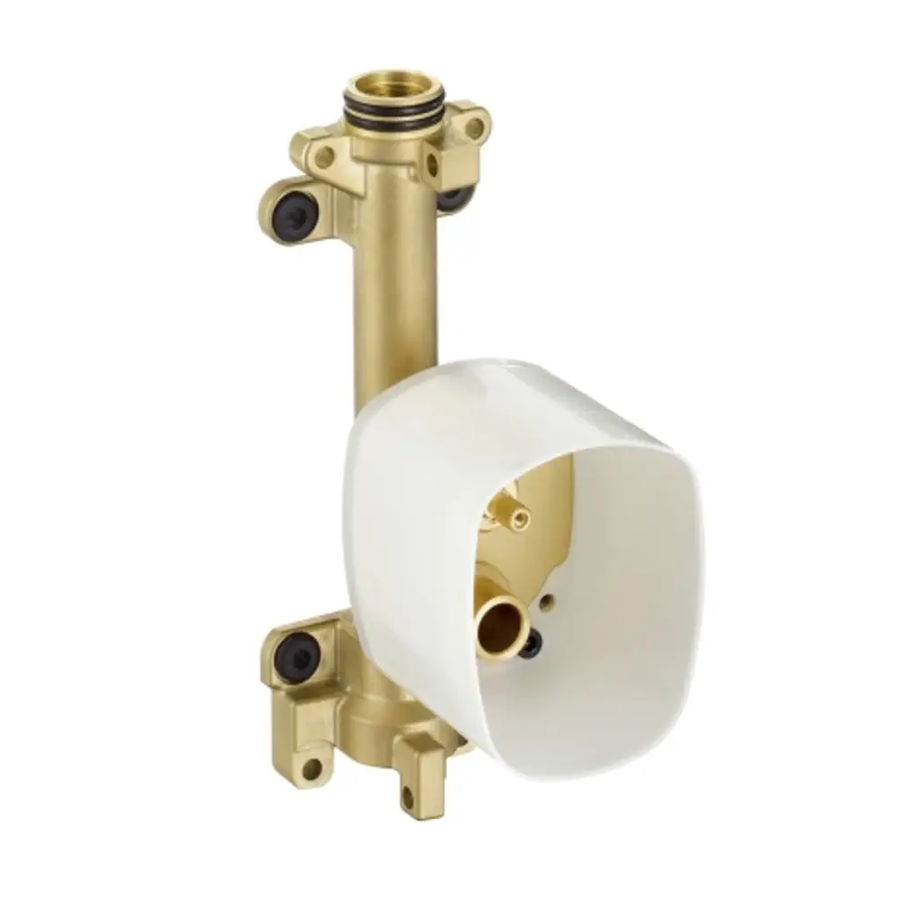Axor Grundkörper für Unterputz-Handbrausemodul mit einem weißen, quadratischen Abdeckteil und metallischen Anschlüssen. Übersichtliche Konstruktion für die Sanitärinstallation.